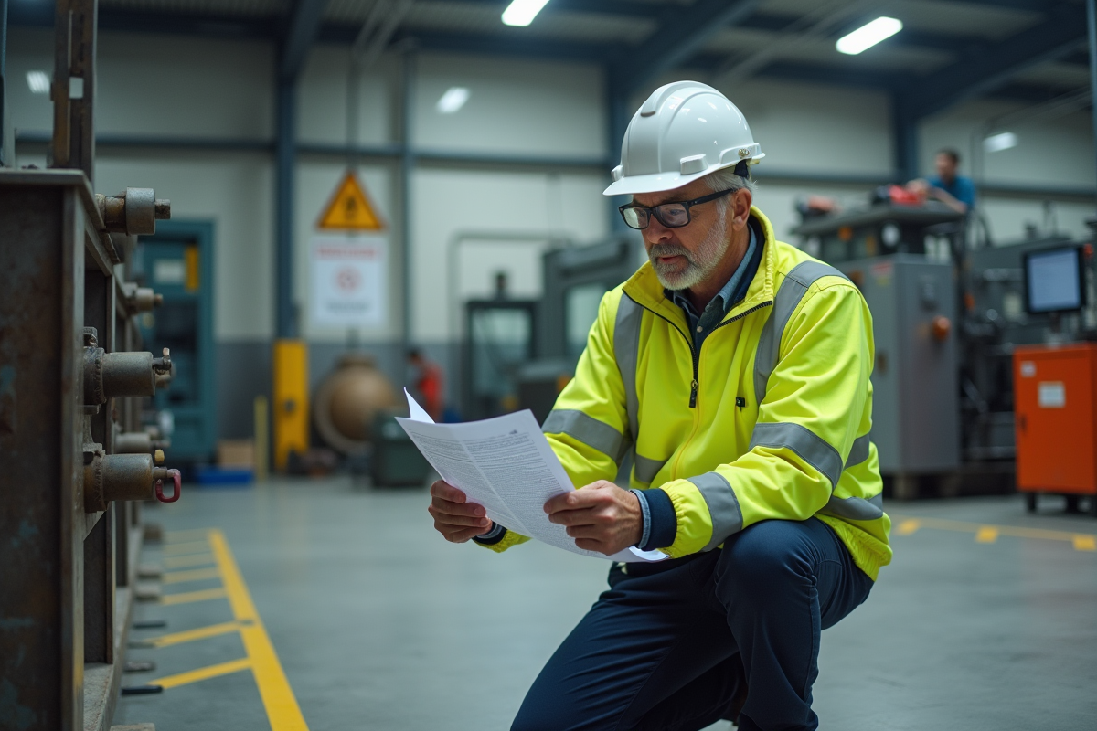 Inspecteur sécurité vérifiant une liste dans un entrepôt industriel
