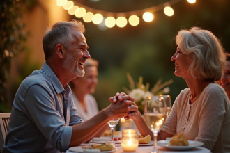 Couple mature souriant lors d'un dîner d'anniversaire dans le jardin