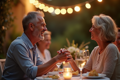 Couple mature souriant lors d'un dîner d'anniversaire dans le jardin