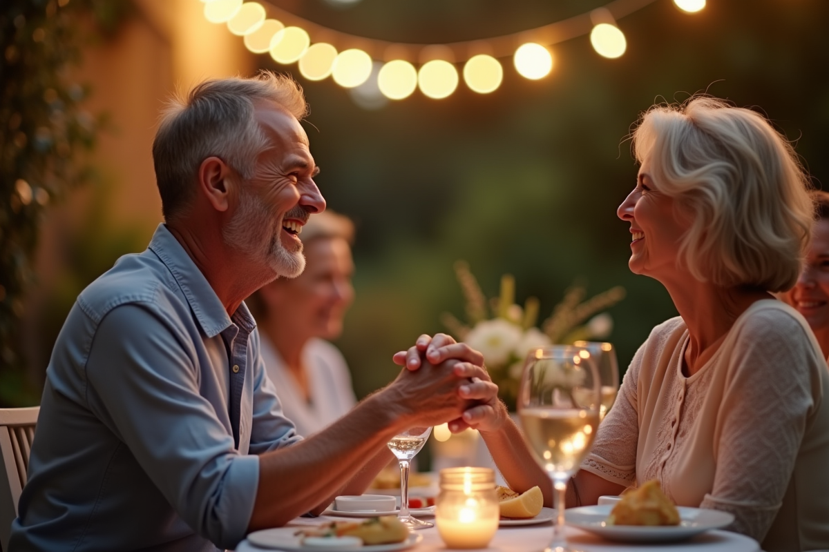 Couple mature souriant lors d'un dîner d'anniversaire dans le jardin