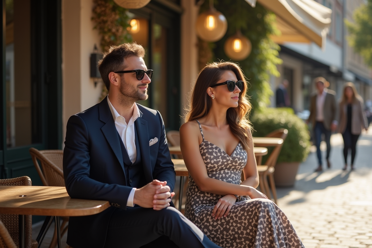 Un couple sophistiqué au café parisien en journée