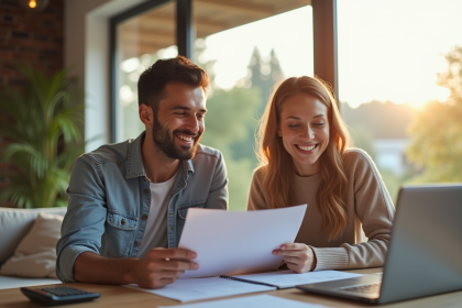 Couple souriant examinant des documents avec calculatrice dans un salon lumineux