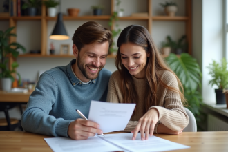 Jeune couple discutant de contrats d'assurance à la maison