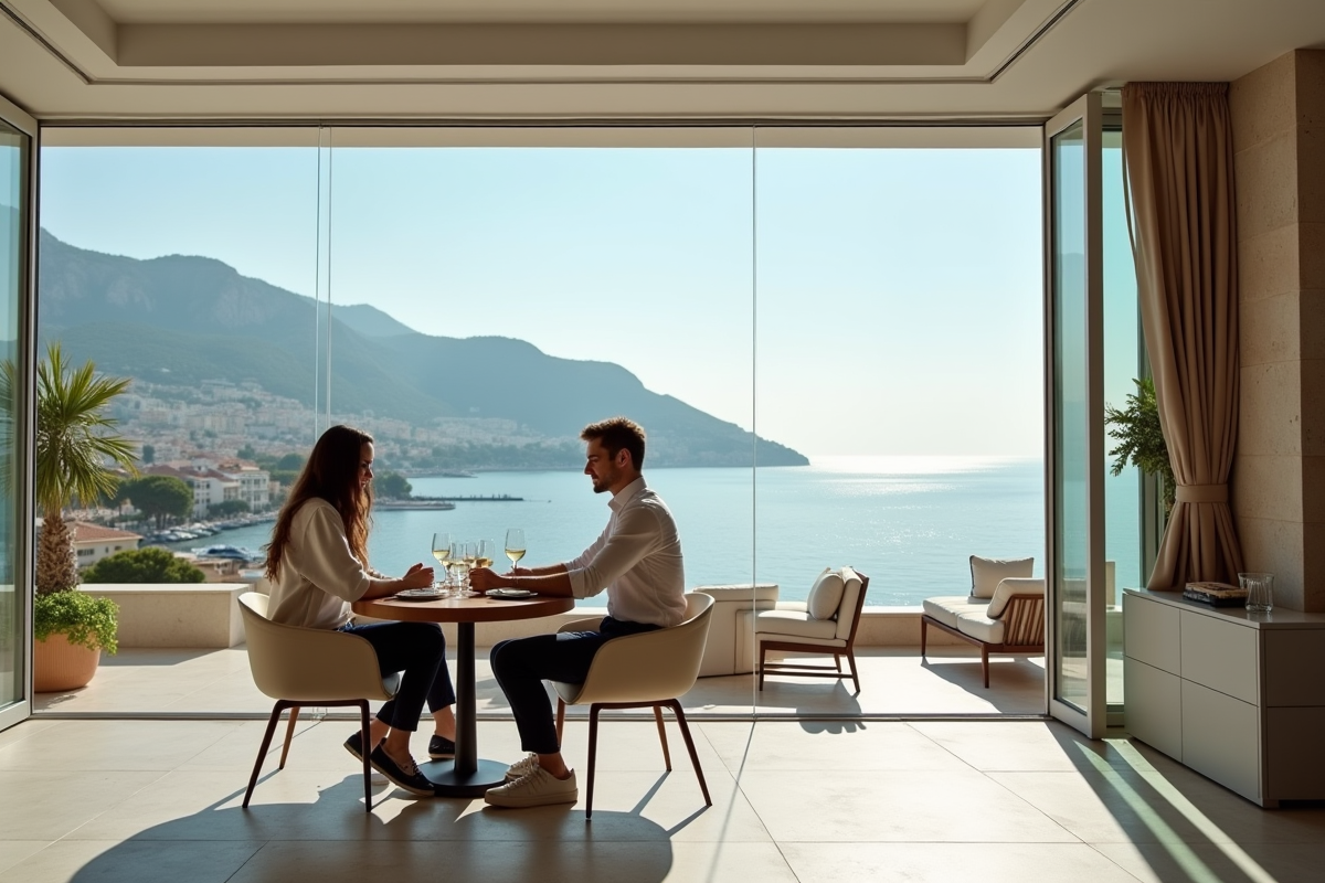 Jeune couple dans une cuisine moderne avec vue sur la mer