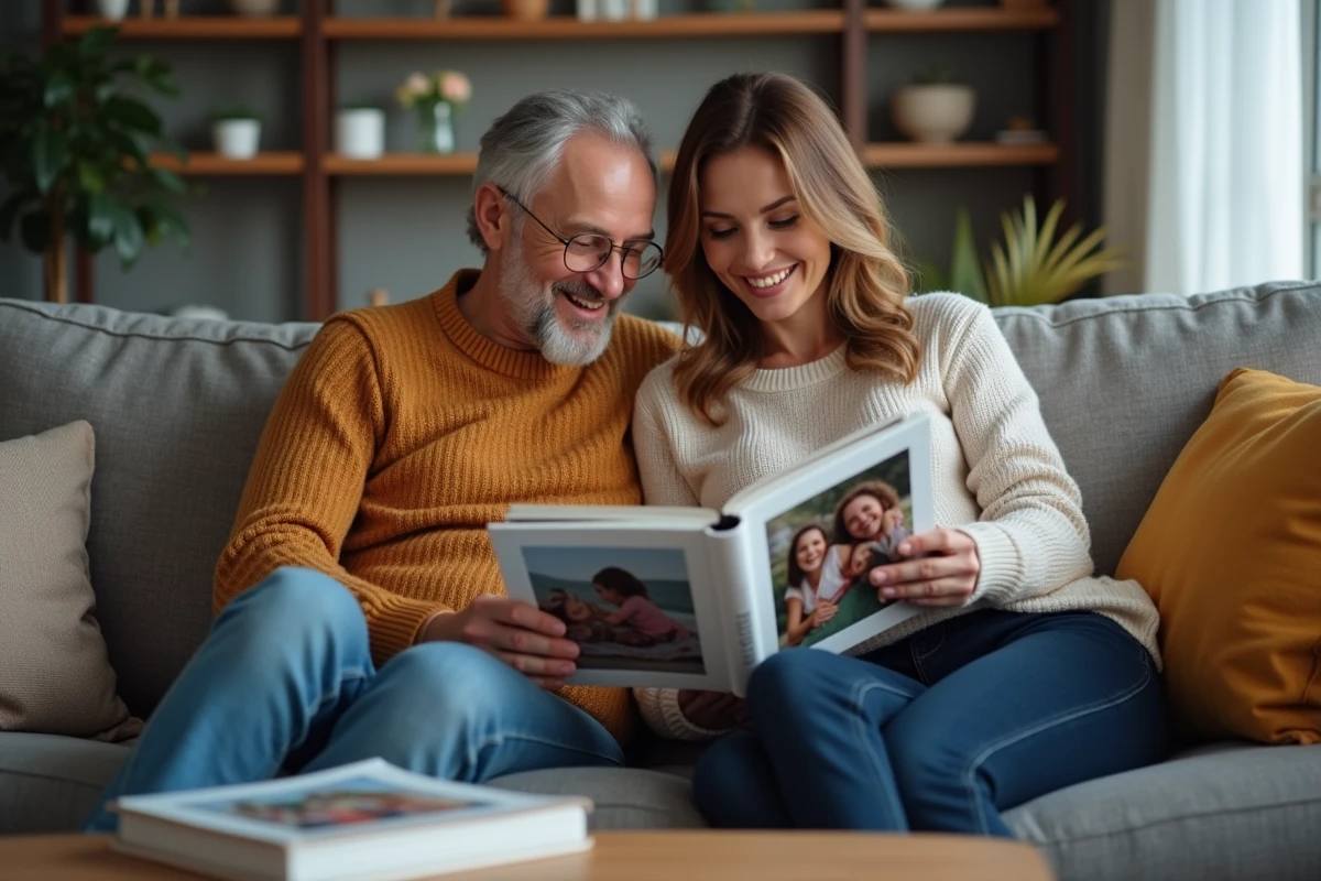 Couple feuilletant un livre photo familial relié sur un canapé dans un salon chaleureux