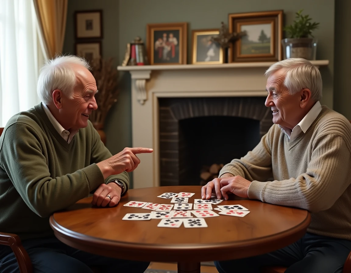 Couple de seniors souriants jouant à la Crapette dans un salon chaleureux avec des cartes sur la table