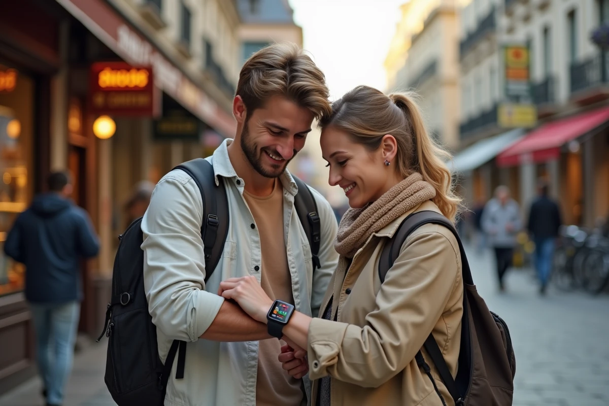 Couple de voyageurs vérifiant l'heure à Sydney sur une montre connectée dans une rue animée lors d'un voyage international