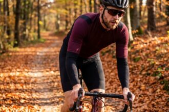 Cycliste portant des lunettes de sport à verres ambrés sur un chemin forestier en automne couvert de feuilles tombées