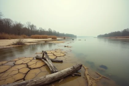 Le Danube en période de sécheresse avec des bancs de sable et des vasières asséchées exposés à marée basse, illustrant l'impact du changement climatique sur le débit du fleuve