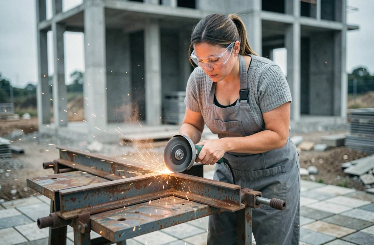 Technicienne utilisant une meuleuse d'angle pour décaper la rouille d'une cornière en acier en L sur un chantier extérieur