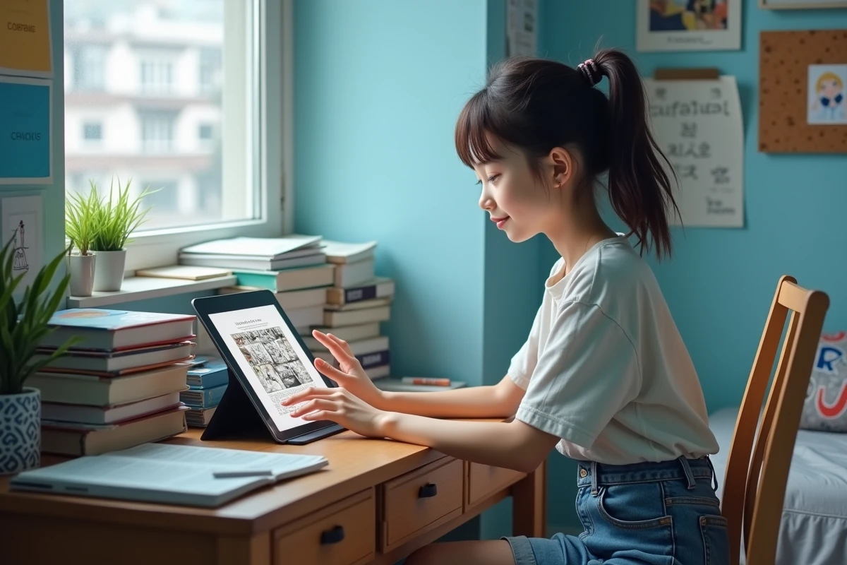 Adolescente découvrant des manhwa sur tablette à son bureau avec des livres physiques et des impressions de fan art autour d'elle