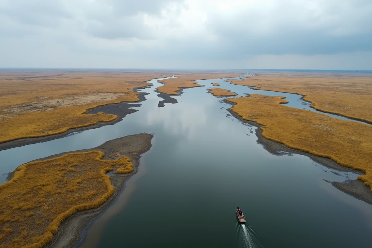 Vue aérienne du delta du Danube avec des chenaux d'eau fragmentés et des zones humides asséchées, révélant les effets du réchauffement climatique sur l'écosystème fluvial