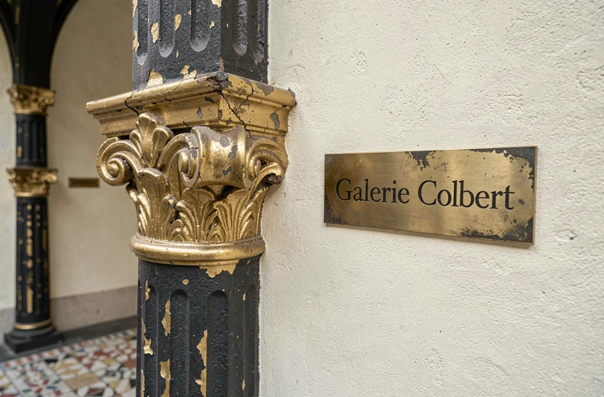 Détail architectural de la galerie Colbert : colonne en fonte dorée et plaque en laiton gravée à Paris