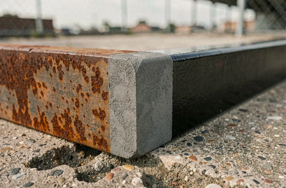 Gros plan sur une cornière en acier en L montrant trois états de traitement : rouille brute, décapage et peinture anticorrosion noire