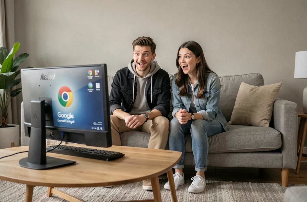 Deux amis réagissant avec amusement à l'effet Do a Barrel Roll de Google sur un écran d'ordinateur