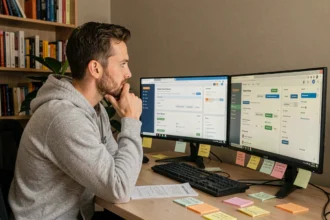 Développeur web réfléchissant à la redirection d'un nom de domaine sur son ordinateur