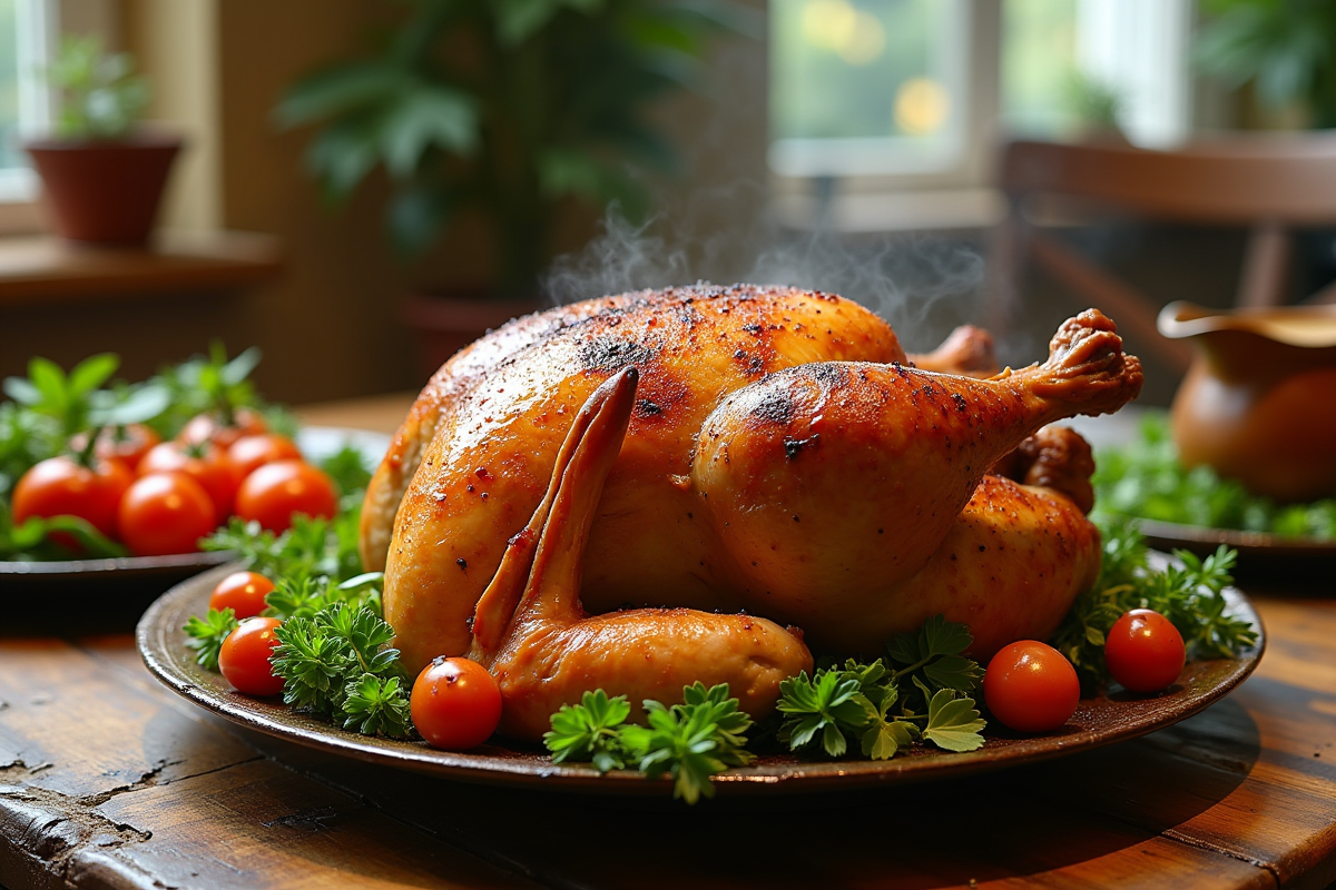 Dinde découpée sur une table en bois avec herbes et légumes rôtis