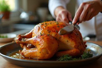Dinde rôtie dorée en train d'être brossée par un cuisinier dans une cuisine lumineuse