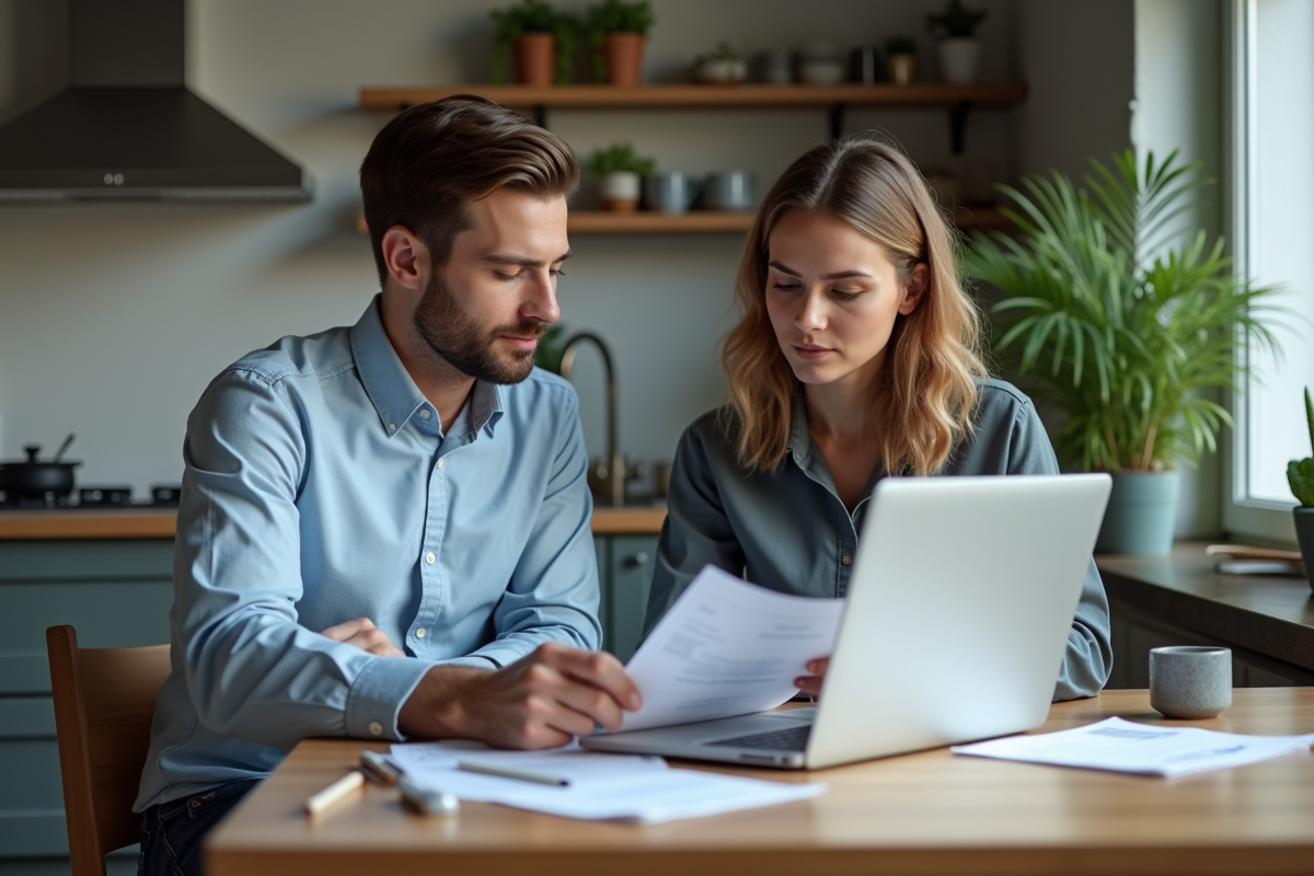 Couple discutant de finances dans une cuisine urbaine