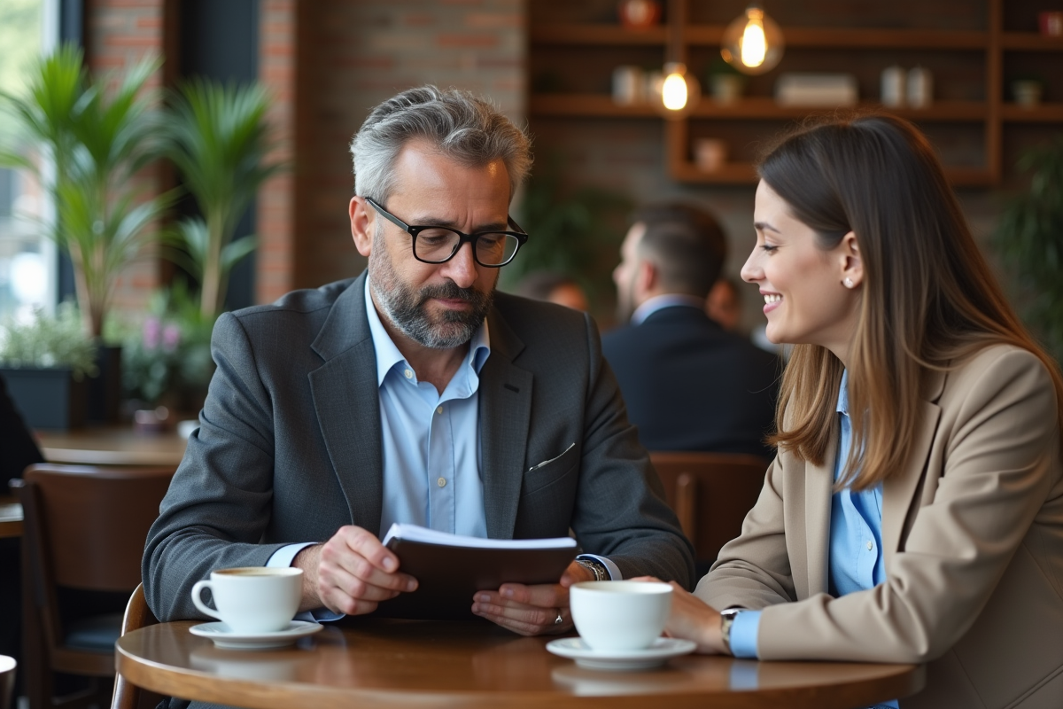 Discussion entre un homme et une femme dans un café chic