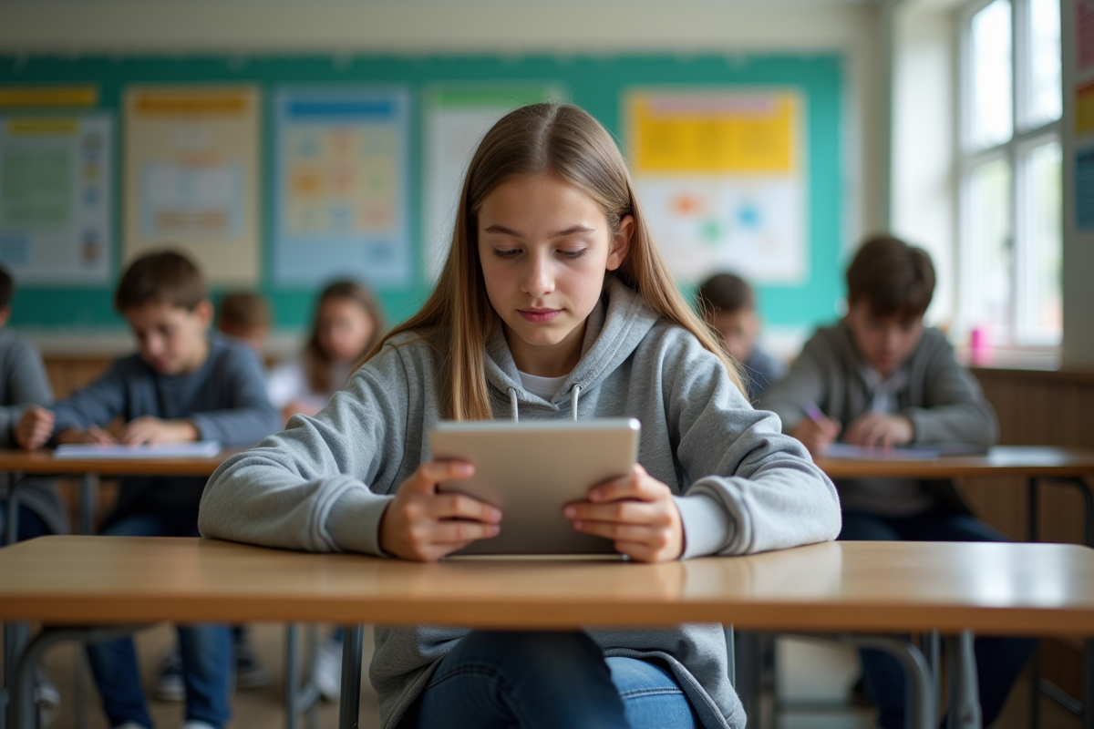 Adolescente concentrée utilisant une tablette en classe