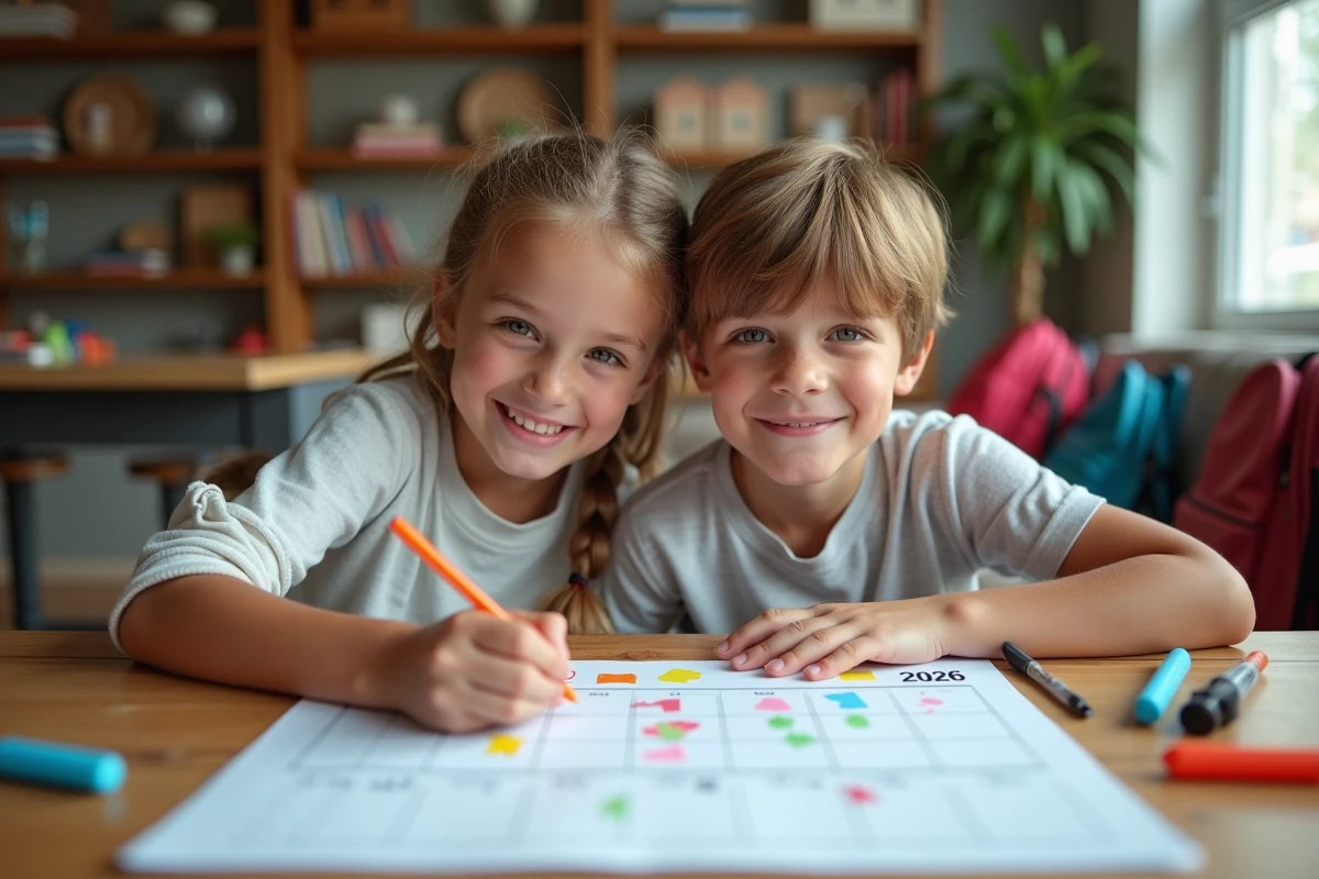 Enfants remplissant ensemble un calendrier familial imprimé 2026 pour planifier devoirs et activités