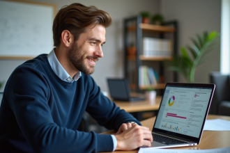 Jeune enseignant souriant avec ordinateur dans un bureau moderne