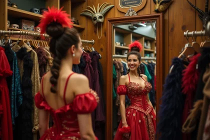 Jeune femme essayant un déguisement coloré dans une boutique de costumes parisienne entourée de rayons bien garnis