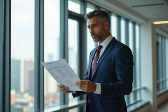 Cadre confiant dans un bureau moderne ensoleille avec vue urbaine