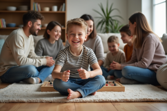 Enfant souriant jouant avec famille dans salon chaleureux