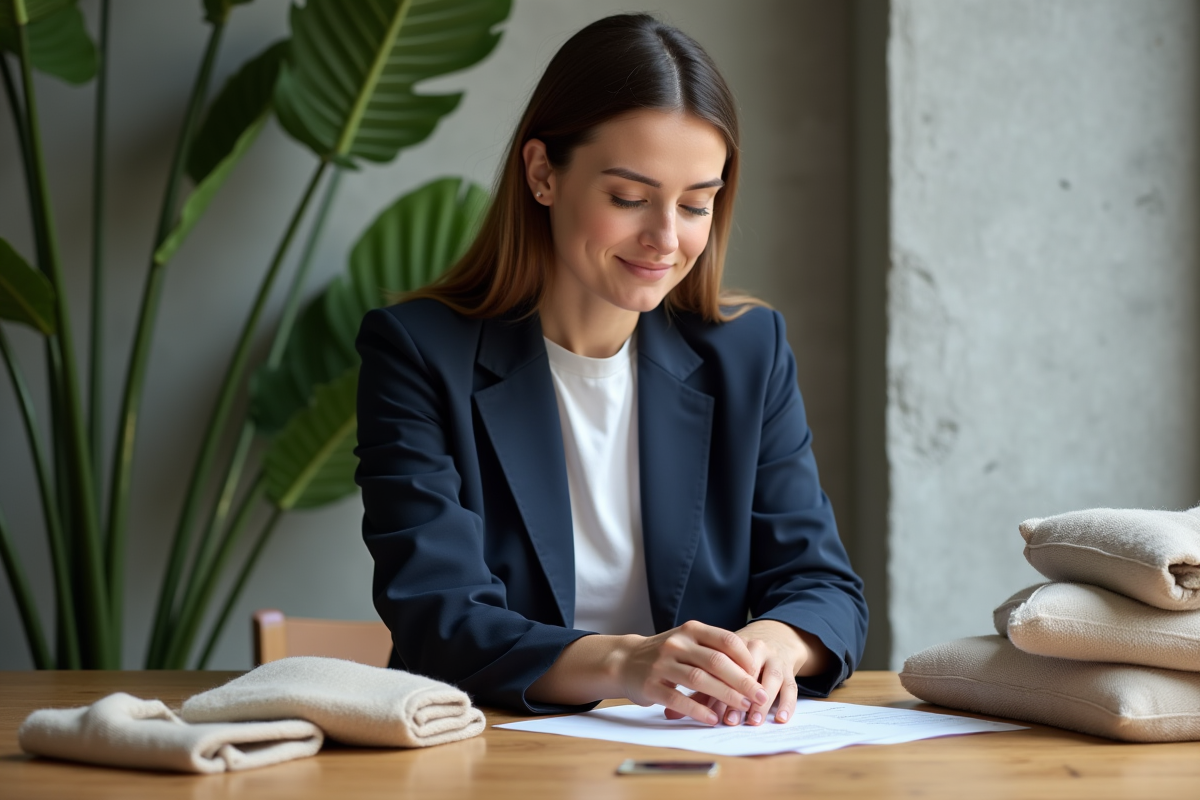 Femme en blazer navy arrangeant accessoires durables dans un intérieur lumineux