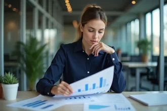 Femme d'affaires analyse des chiffres dans un bureau moderne