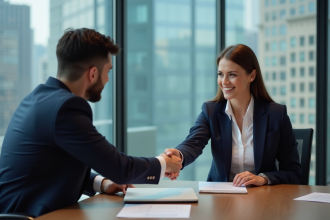 Femme d'affaires en réunion serrant la main à un collègue