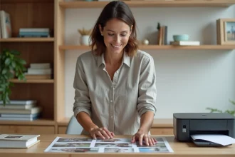 Femme examinant des photos imprimées pour un album photo familial avec une imprimante photo moderne en arrière-plan