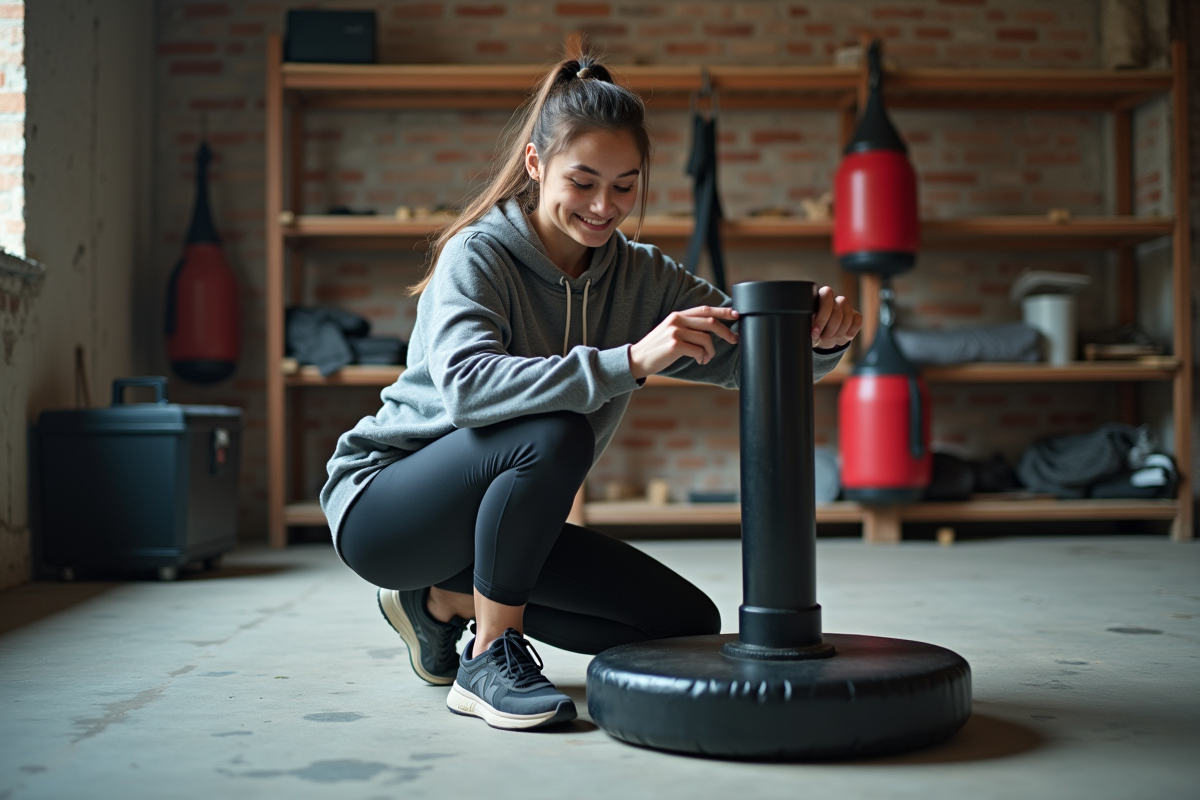 Jeune femme installe une plateforme de sac de vitesse dans un sous-sol brut