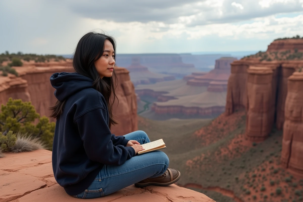 Jeune femme autochtone américaine contemplant un canyon du Sud-Ouest américain, regard critique sur l'héritage de la Destinée Manifeste