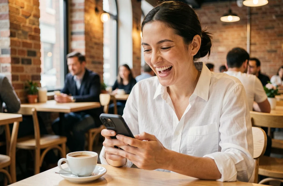 Femme riant en regardant l'animation Do a Barrel Roll sur son smartphone dans un café