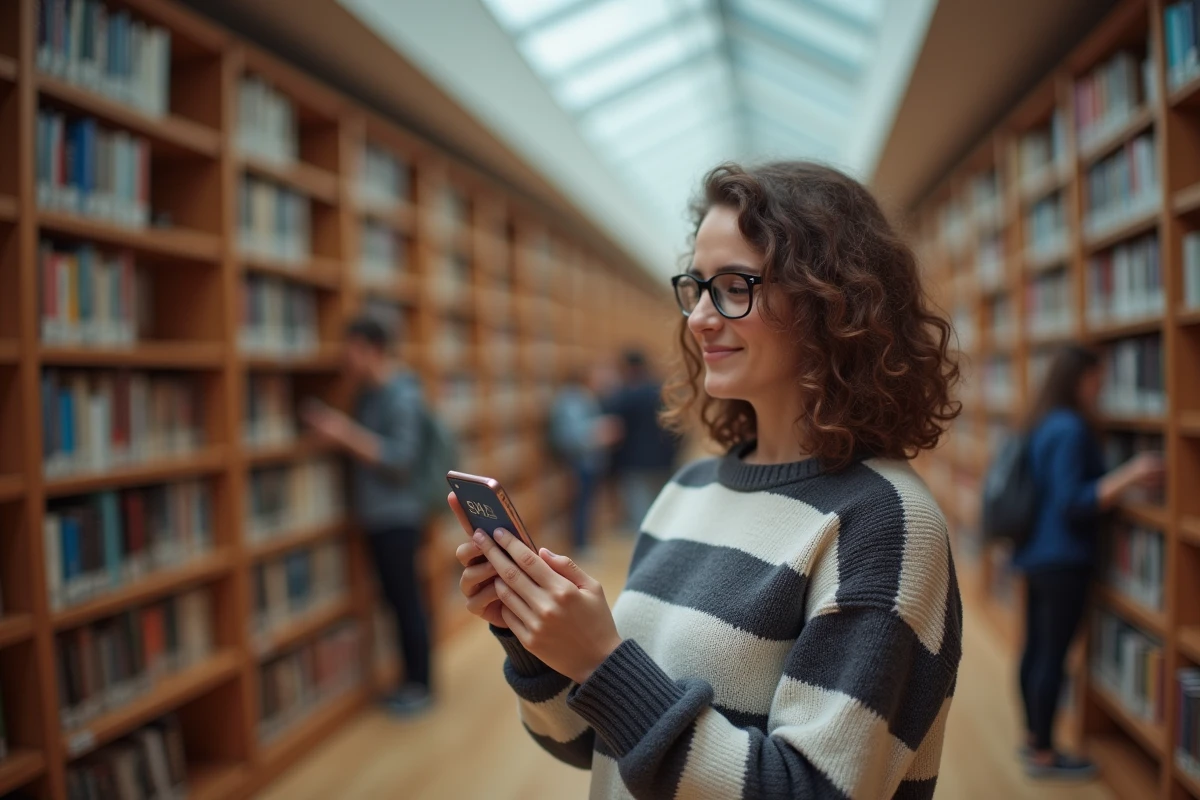 Jeune femme dans une bibliothèque utilisant son téléphone