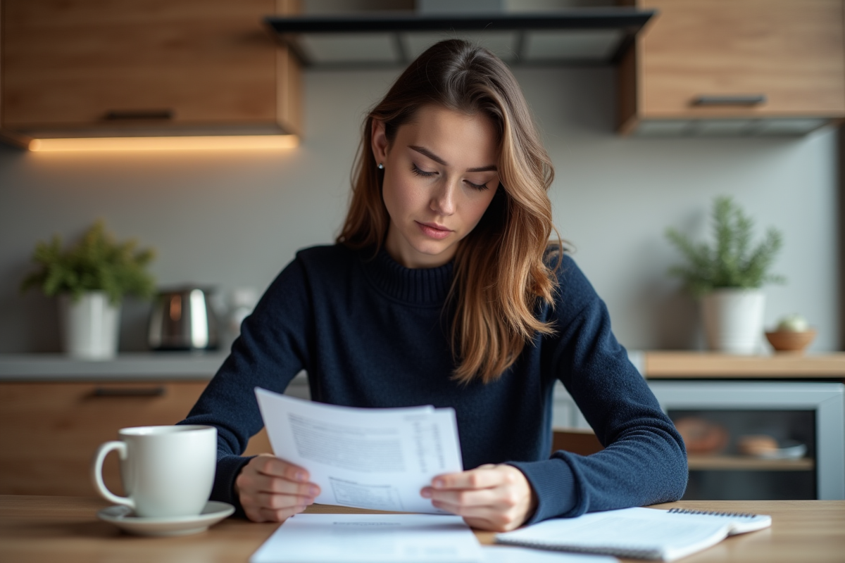 Femme concentrée à la cuisine en train de vérifier ses factures