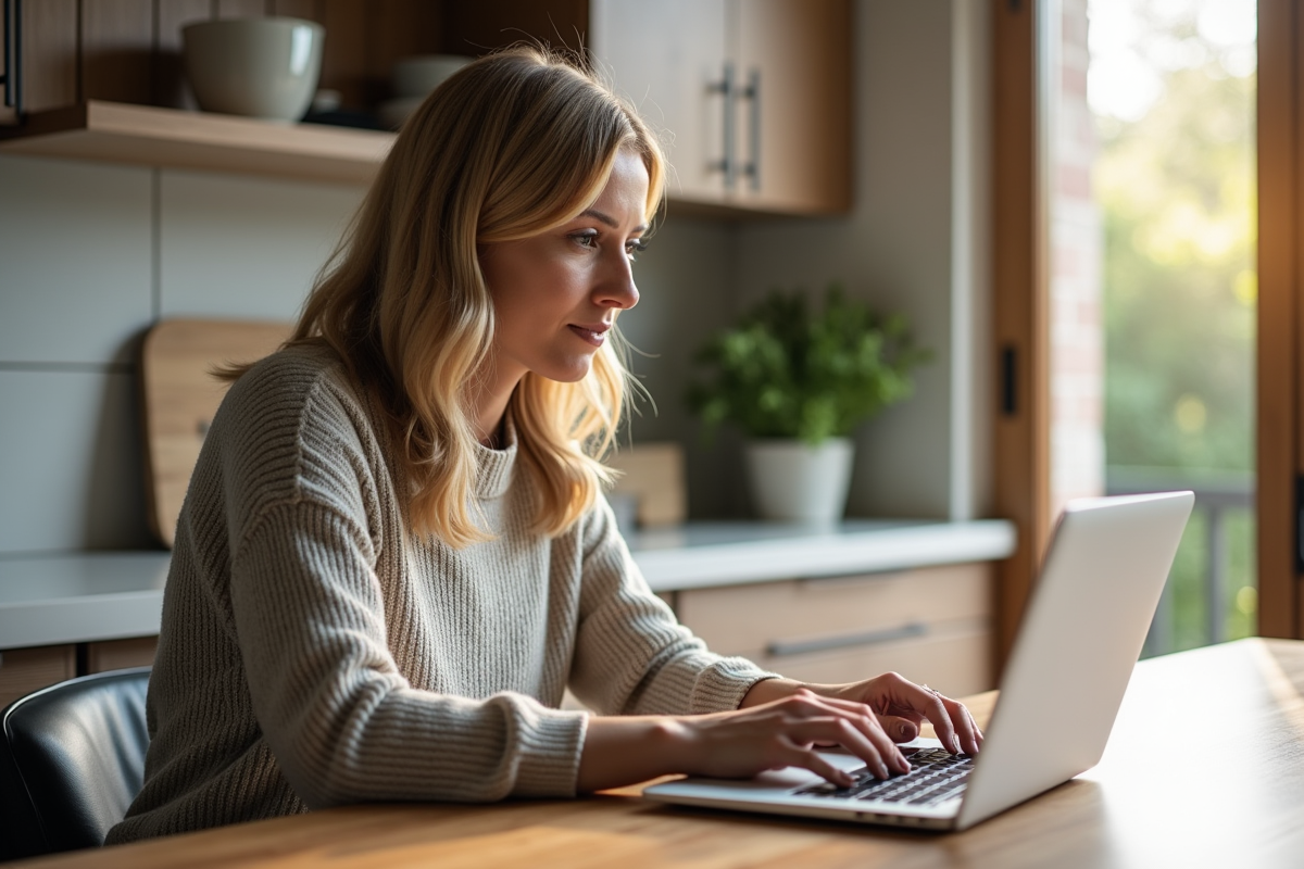 Femme d'âge moyen travaillant sur un ordinateur dans une cuisine chaleureuse