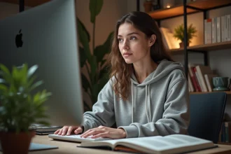 Jeune femme concentrée sur son ordinateur dans un bureau cosy