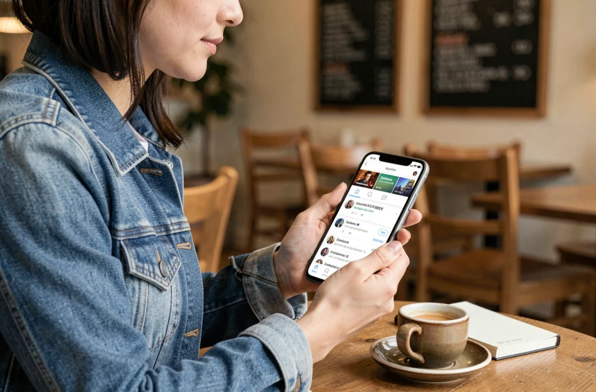 Femme consultant son téléphone dans un café pour trouver la nouvelle URL d'un site de streaming comme foutoutici