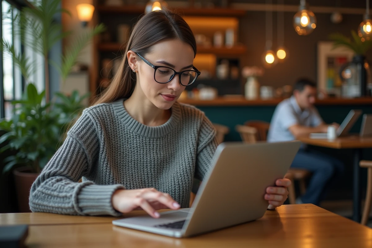 Femme en sweater utilisant tablette au café