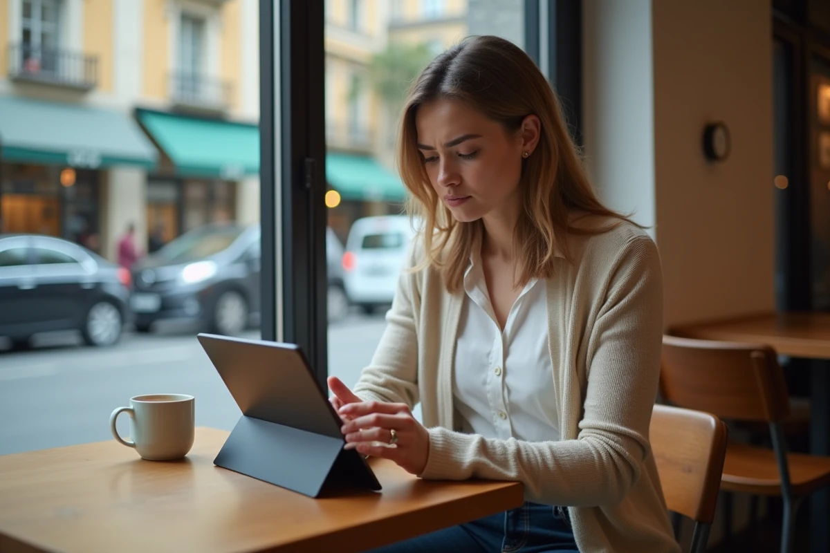 Femme frustrée utilisant une tablette dans un café urbain