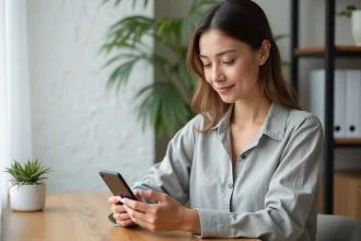 Femme consultant un calendrier de semaine paire 2026 sur smartphone au bureau