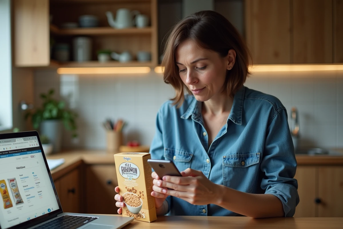 Femme examinant une boite de cereales dans sa cuisine