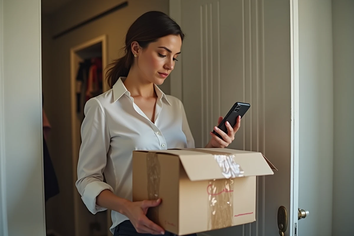 Femme tenant un colis AliExpress endommagé et consultant le numéro du service client sur son téléphone pour demander un remboursement