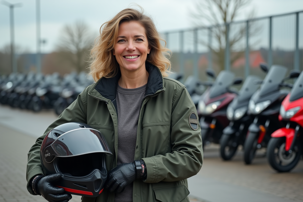 Femme souriante avec casque à côté d