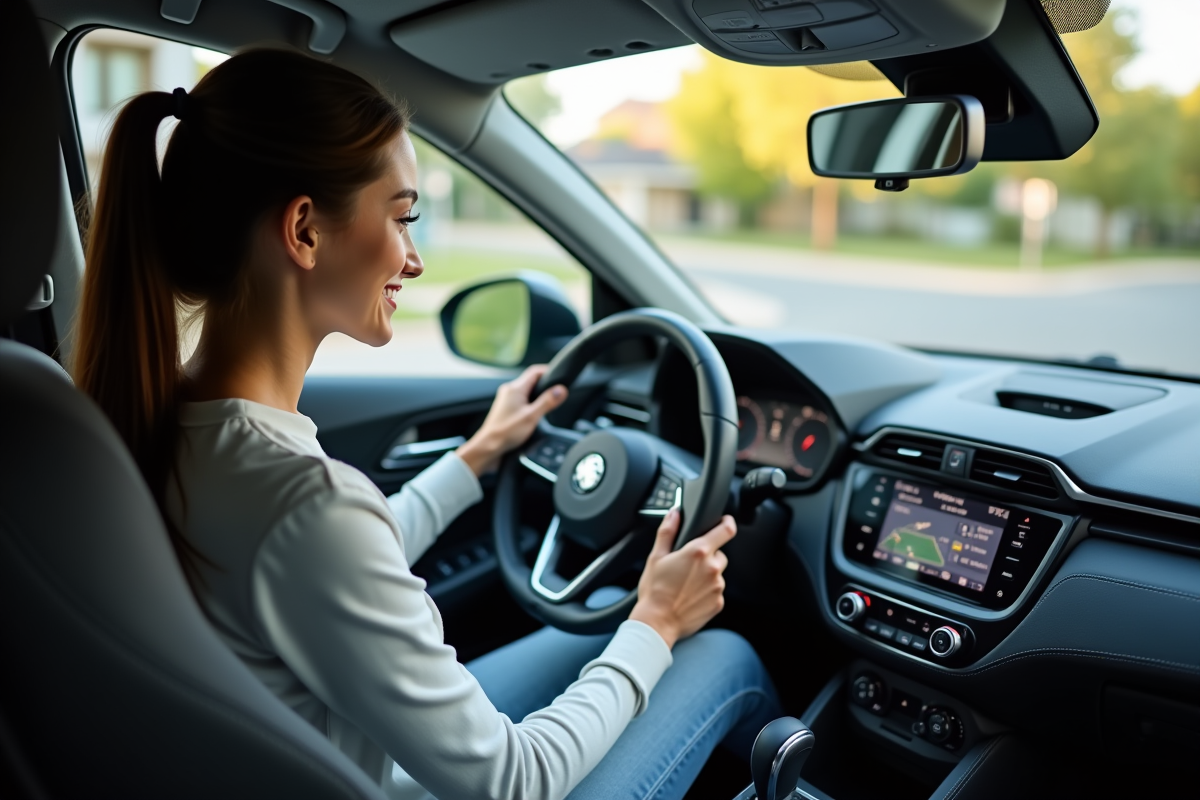 Jeune femme examinant le tableau de bord d