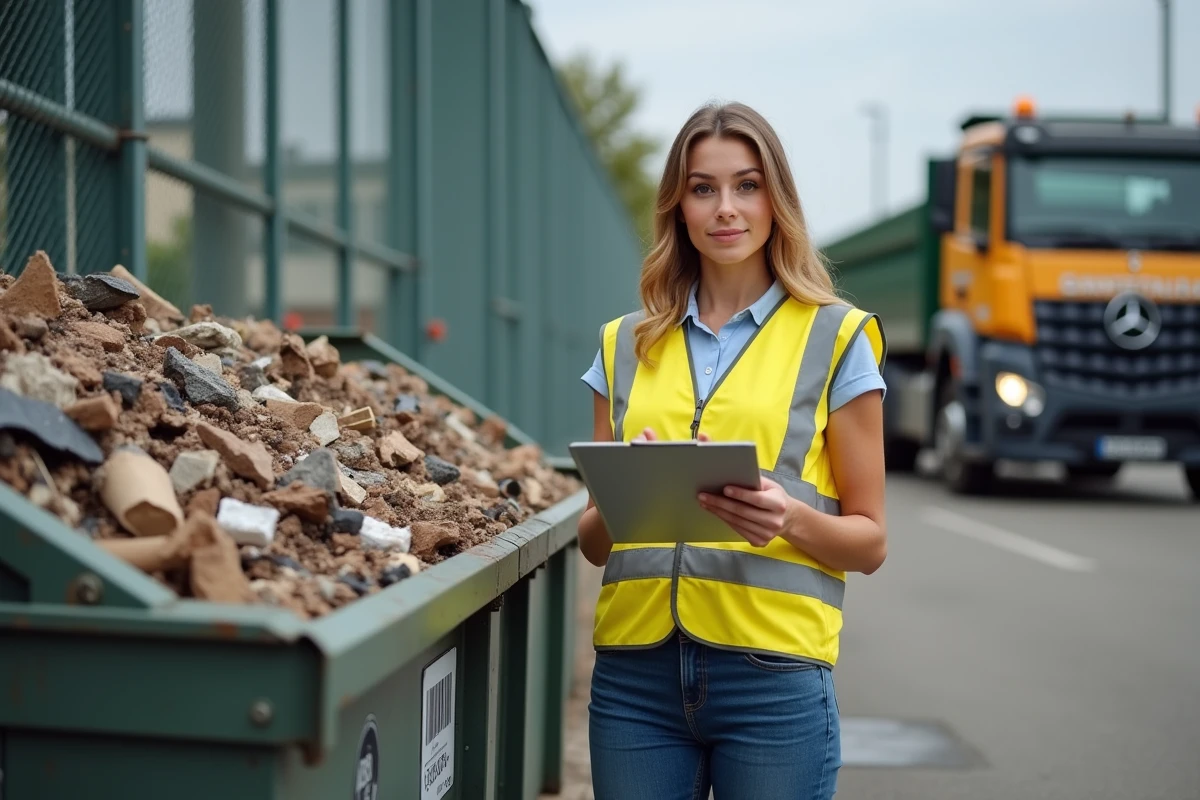 Jeune femme en gilet haute visibilité vérifiant des déchets